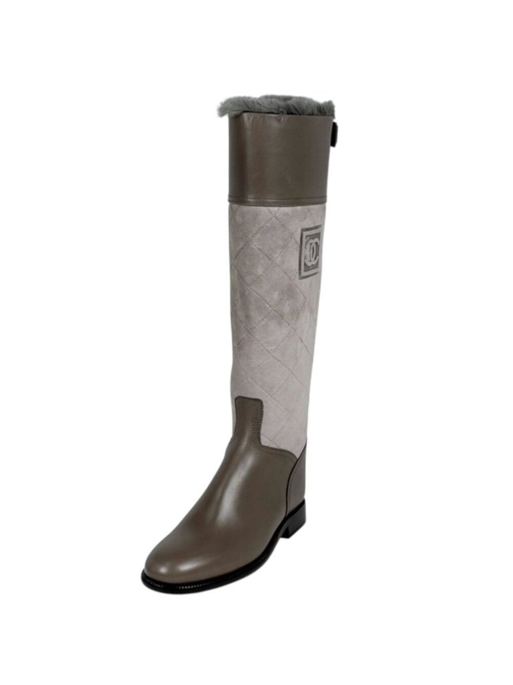 Chanel Sports Line Long Boots Shoes Fur Leather Greige